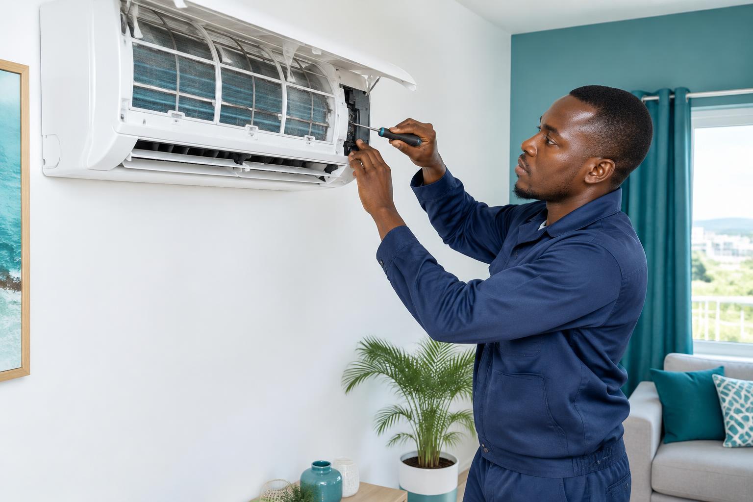 Técnico ClimaFácil a cuidar de um ar condicionado